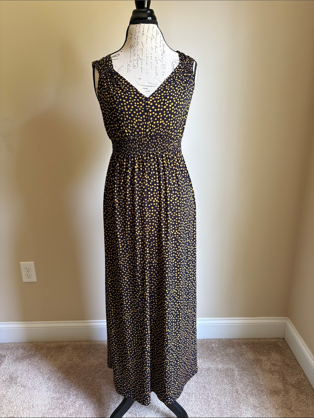 V-Neck Navy Maxi Dress with Yellow Dot Print